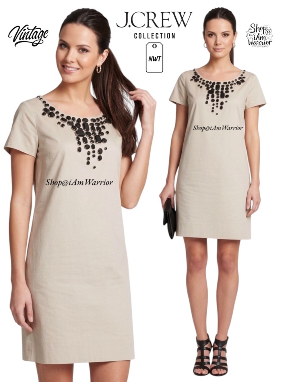 J.Crew Collection Vintage NWT Sand Black Crystal Embellished Shift Dress